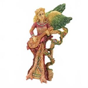 Vintage Nature Angel Playing Guitar Dressed in Red with Green Wings 8.5"